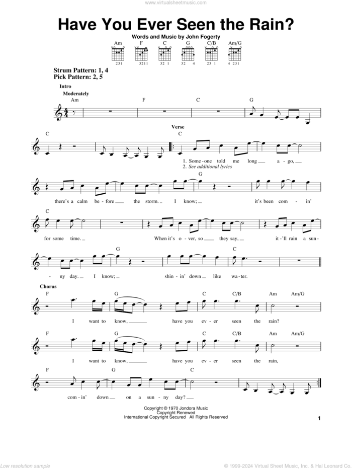 Have You Ever Seen The Rain? sheet music for guitar solo (chords) by Creedence Clearwater Revival and John Fogerty, easy guitar (chords)