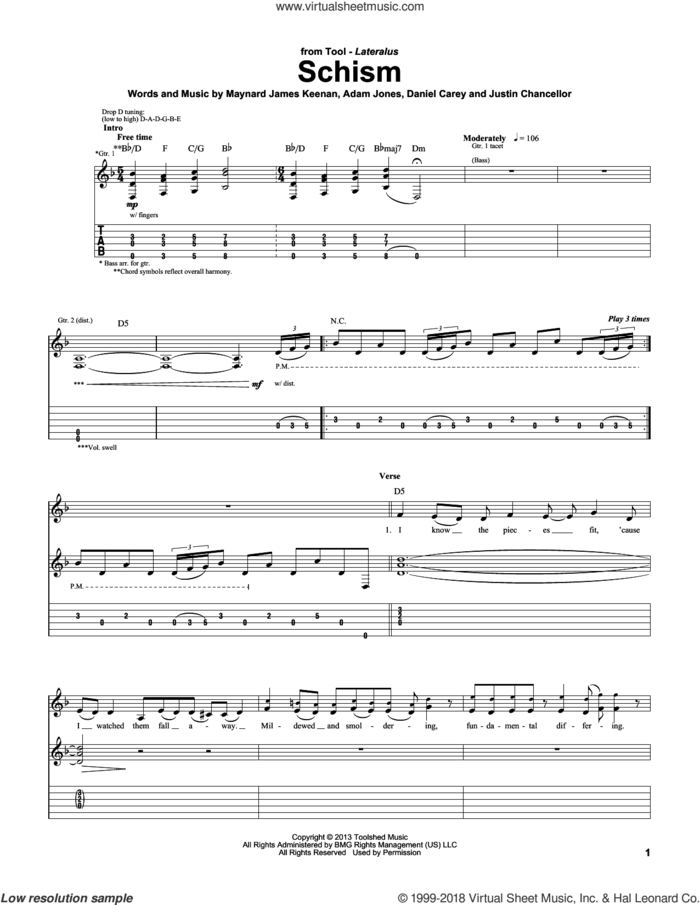Schism sheet music for guitar (tablature) by Tool, Adam Jones, Daniel Carey and Justin Chancellor, intermediate skill level