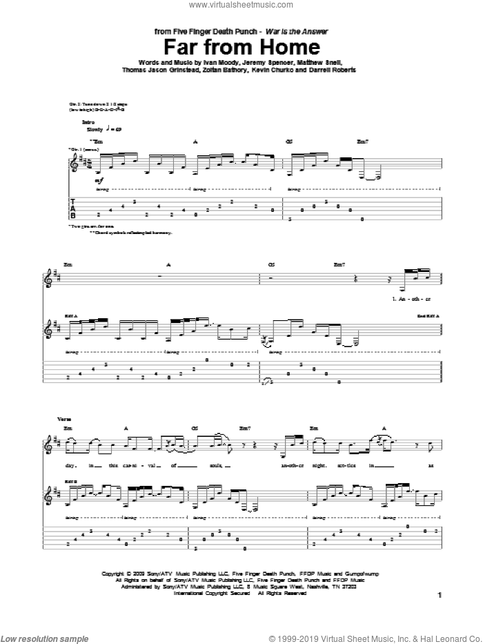 Far From Home sheet music for guitar (tablature) by Five Finger Death Punch, Darrell Roberts, Ivan Moody, Jeremy Spencer, Kevin Churko, Matthew Snell, Thomas Jason Grinstead and Zoltan Bathory, intermediate skill level