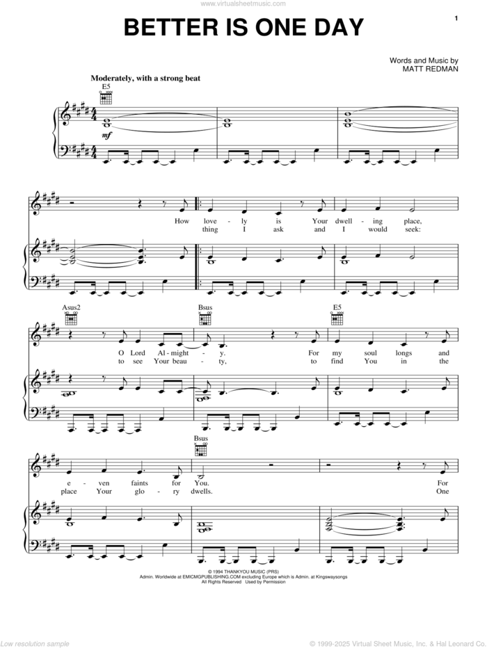 Better Is One Day sheet music for voice, piano or guitar by Matt Redman and Passion Band, intermediate skill level