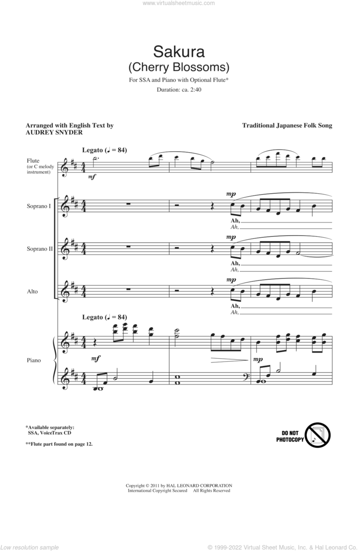 Sakura (Cherry Blossoms) sheet music for choir (SSA: soprano, alto) by Audrey Snyder and Miscellaneous, intermediate skill level