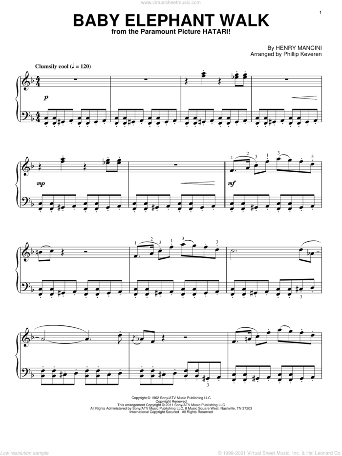 Baby Elephant Walk (arr. Phillip Keveren) sheet music for piano solo by Henry Mancini, Phillip Keveren and Hal David, intermediate skill level