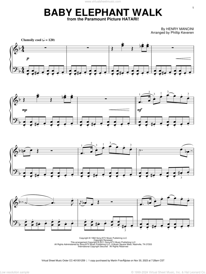 Baby Elephant Walk (arr. Phillip Keveren) sheet music for piano solo by Henry Mancini, Phillip Keveren and Hal David, intermediate skill level