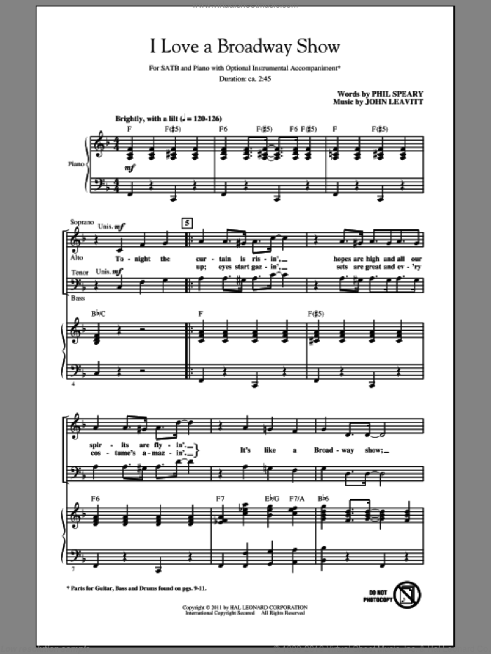 I Love A Broadway Show sheet music for choir (SATB: soprano, alto, tenor, bass) by John Leavitt and Phil Speary, intermediate skill level