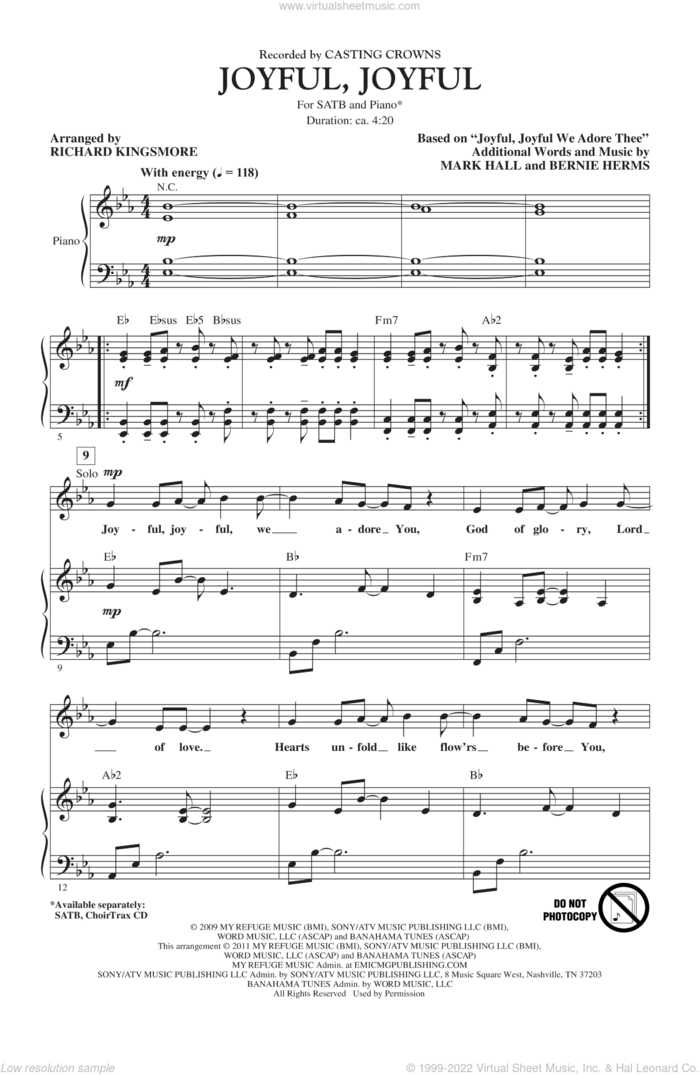 Joyful, Joyful sheet music for choir (SATB: soprano, alto, tenor, bass) by Richard Kingsmore, Bernie Herms, Mark Hall and Casting Crowns, intermediate skill level