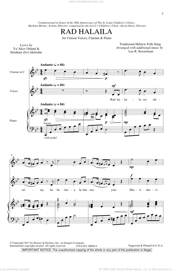 Rad Halaila sheet music for choir (Unison) by Lee R. Kesselman, intermediate skill level