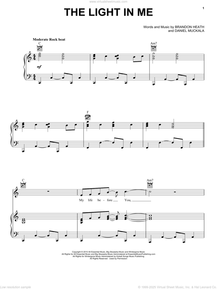 The Light In Me sheet music for voice, piano or guitar by Brandon Heath and Dan Muckala, intermediate skill level