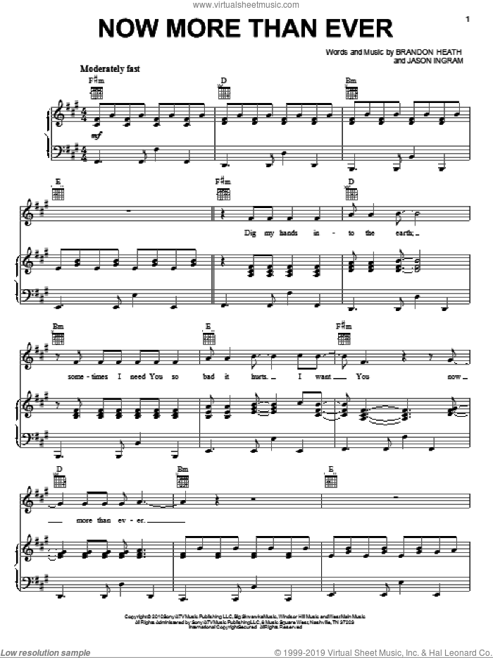 Now More Than Ever sheet music for voice, piano or guitar by Brandon Heath and Jason Ingram, intermediate skill level