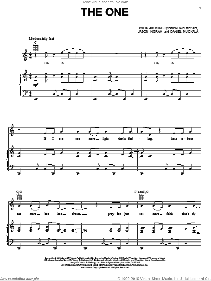 The One sheet music for voice, piano or guitar by Brandon Heath, Dan Muckala and Jason Ingram, intermediate skill level