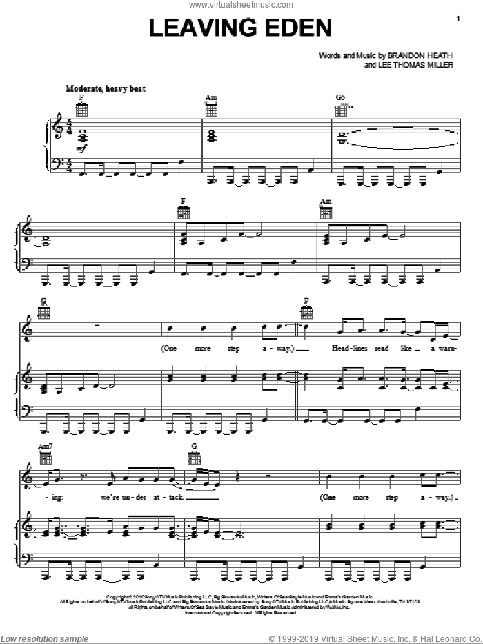 Leaving Eden sheet music for voice, piano or guitar by Brandon Heath and Lee Thomas Miller, intermediate skill level