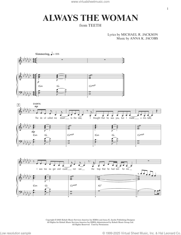 Always The Woman (from Teeth) (E-flat Minor) sheet music for voice and piano by Anna K. Jacobs and Michael R. Jackson, Anna K. Jacobs and Michael R. Jackson, intermediate skill level