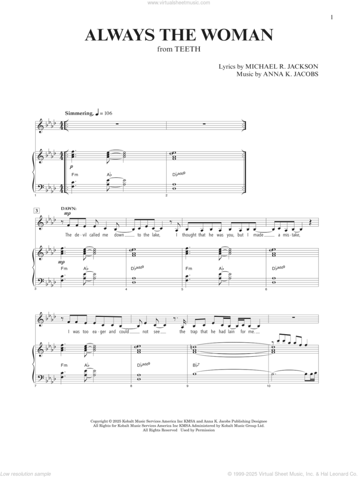 Always The Woman (from Teeth) (Original Key) sheet music for voice and piano by Anna K. Jacobs and Michael R. Jackson, Anna K. Jacobs and Michael R. Jackson, intermediate skill level