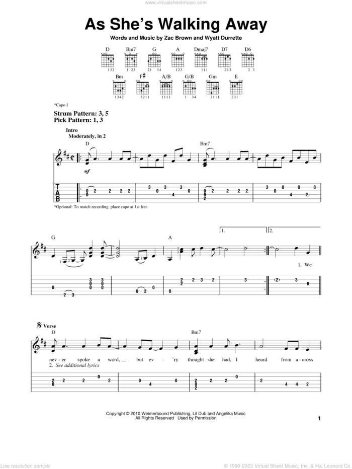 As She's Walking Away sheet music for guitar solo (easy tablature) by Zac Brown Band featuring Alan Jackson, Alan Jackson and Zac Brown Band, Wyatt Durrette and Zac Brown, easy guitar (easy tablature)