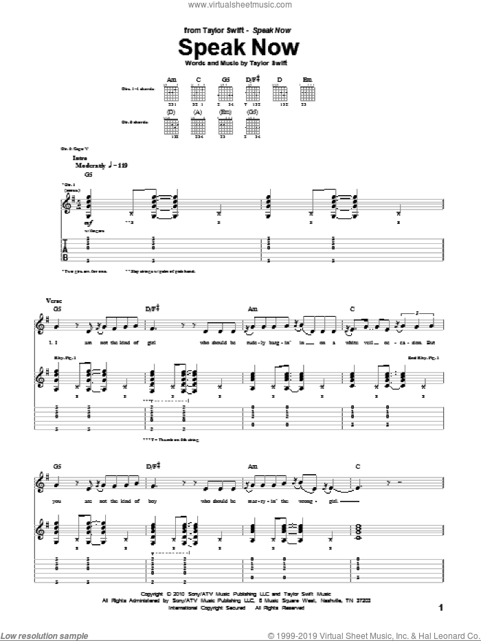 Speak Now sheet music for guitar (tablature) by Taylor Swift, intermediate skill level