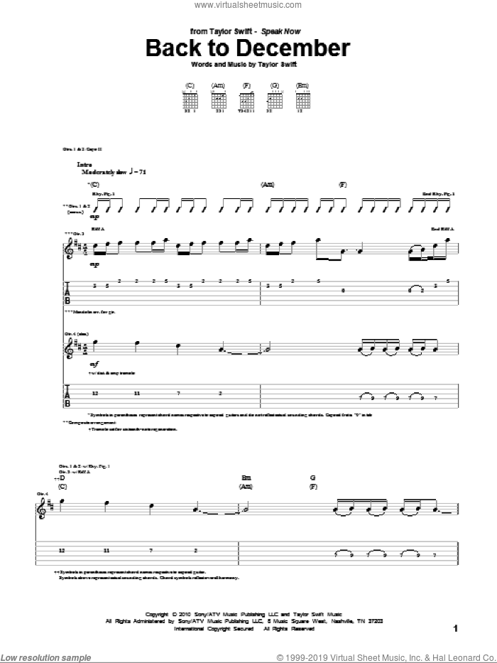 Back To December sheet music for guitar (tablature) by Taylor Swift, intermediate skill level