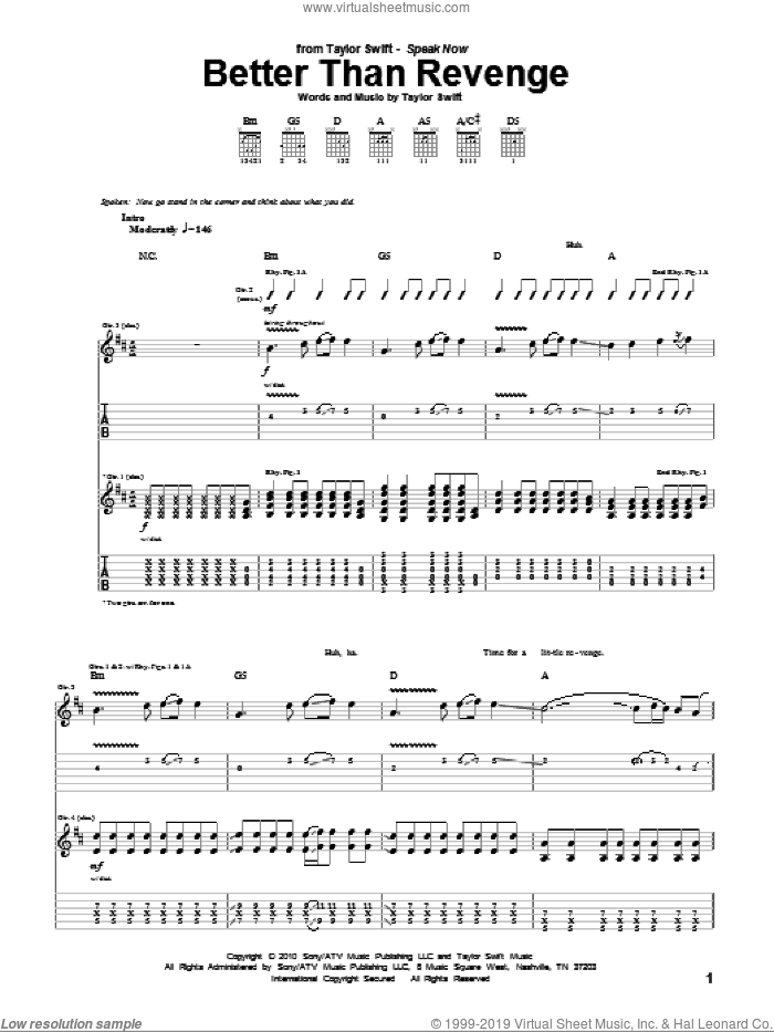 Better Than Revenge sheet music for guitar (tablature) by Taylor Swift, intermediate skill level