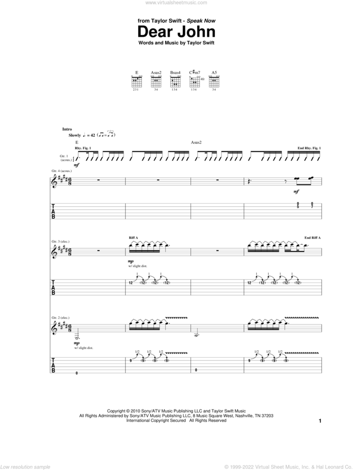 Dear John sheet music for guitar (tablature) by Taylor Swift, intermediate skill level