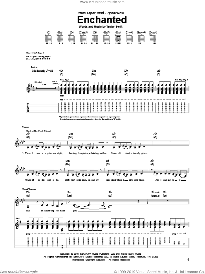 Enchanted sheet music for guitar (tablature) by Taylor Swift, intermediate skill level