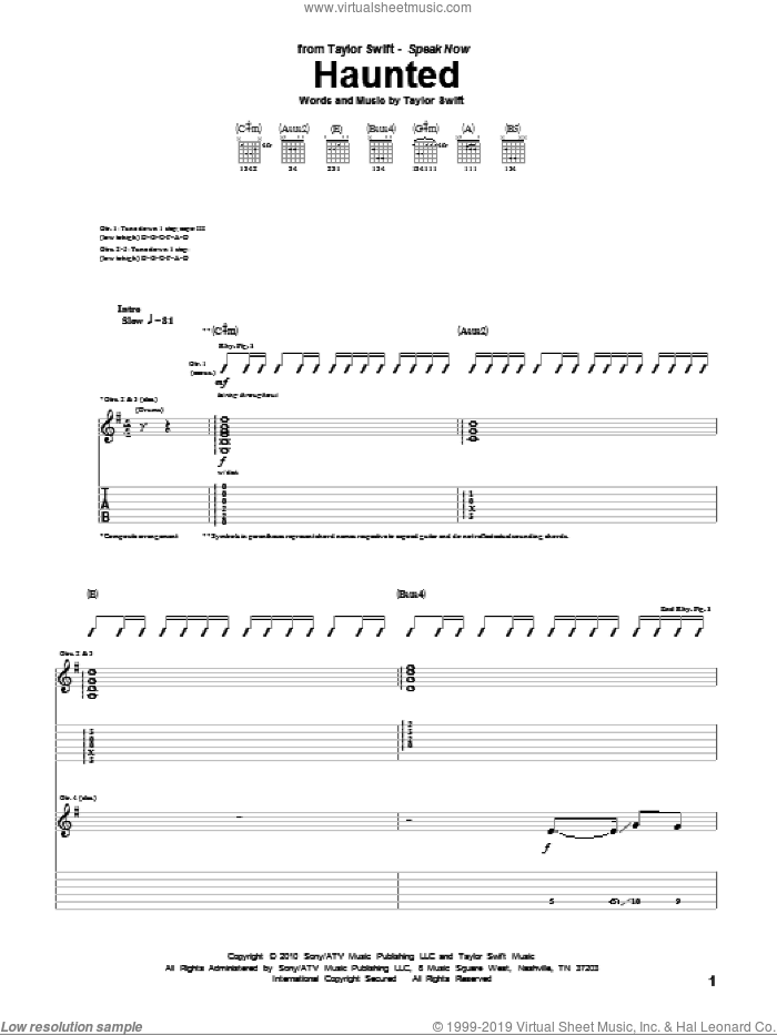 Haunted sheet music for guitar (tablature) by Taylor Swift, intermediate skill level