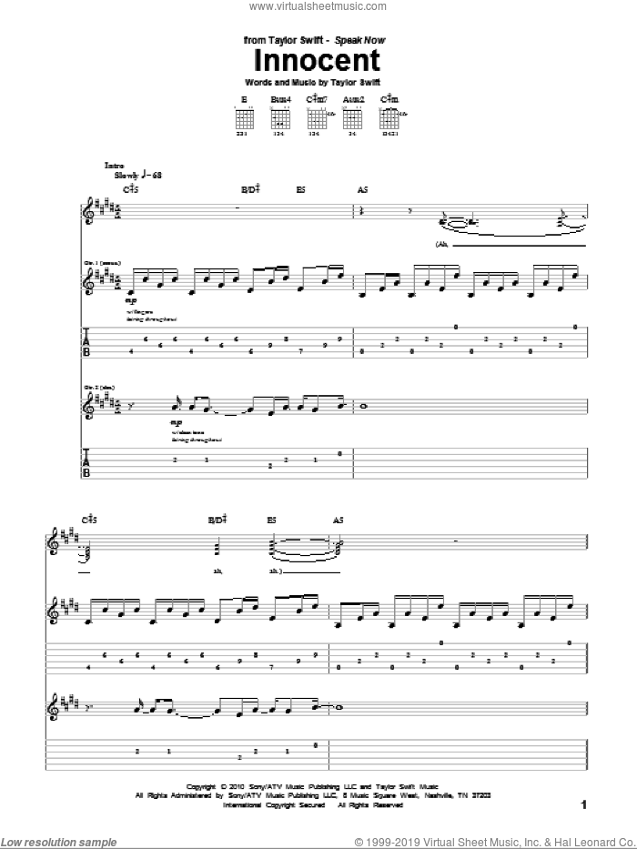 Innocent sheet music for guitar (tablature) by Taylor Swift, intermediate skill level
