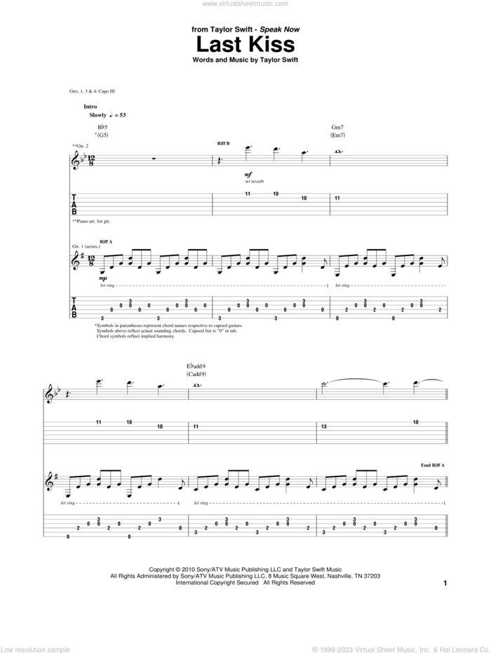Last Kiss sheet music for guitar (tablature) by Taylor Swift, intermediate skill level