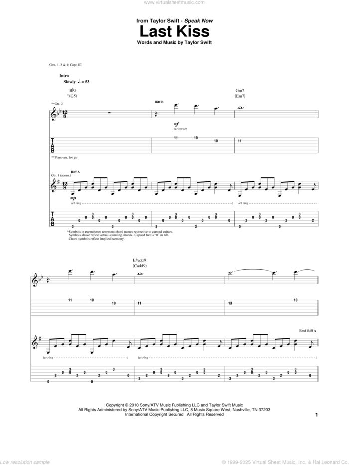 Last Kiss sheet music for guitar (tablature) by Taylor Swift, intermediate skill level