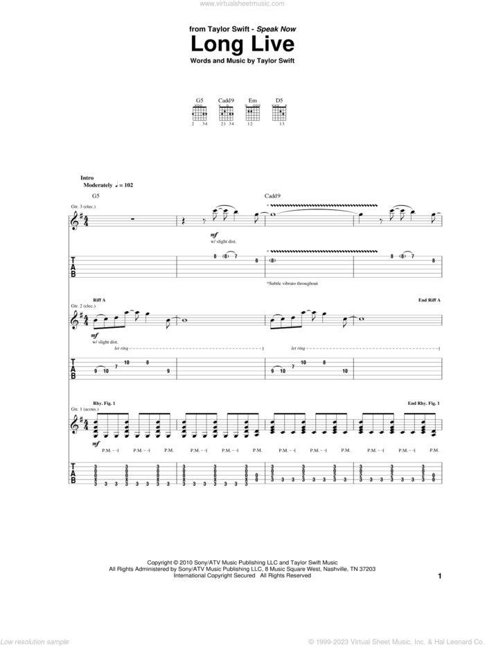 Long Live sheet music for guitar (tablature) by Taylor Swift, intermediate skill level