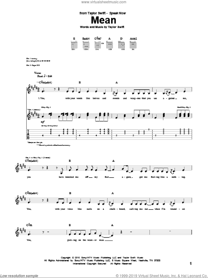 Mean sheet music for guitar (tablature) by Taylor Swift, intermediate skill level