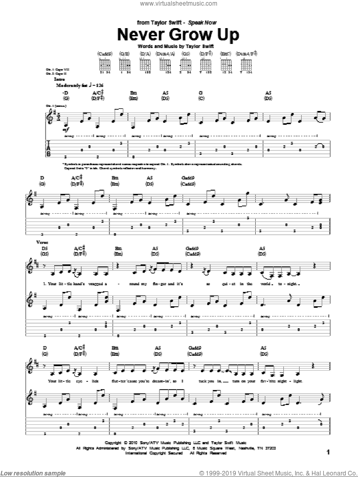 Never Grow Up sheet music for guitar (tablature) by Taylor Swift, intermediate skill level