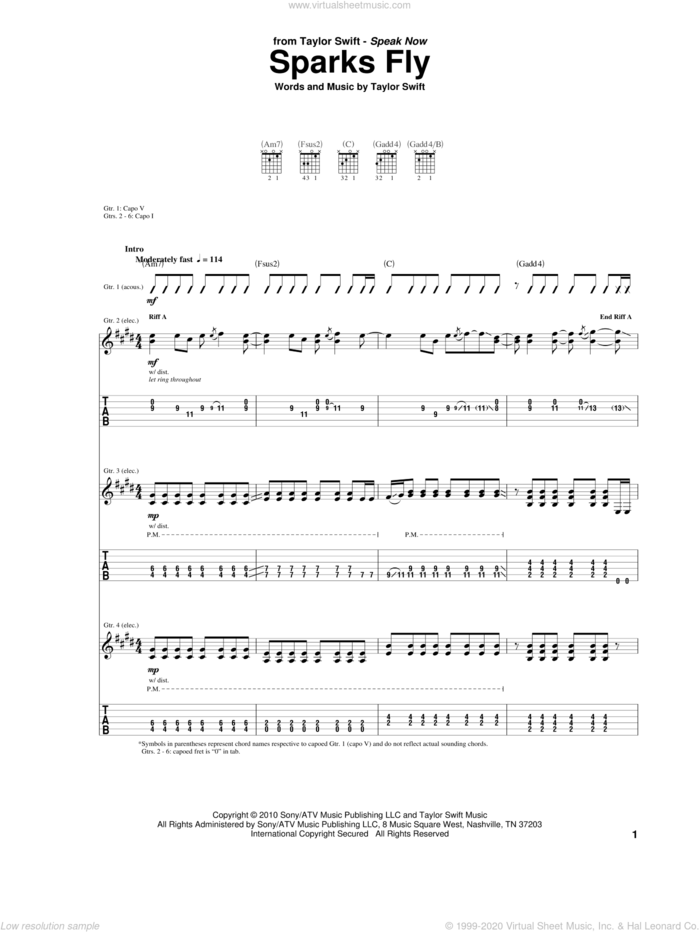 Sparks Fly sheet music for guitar (tablature) by Taylor Swift, intermediate skill level