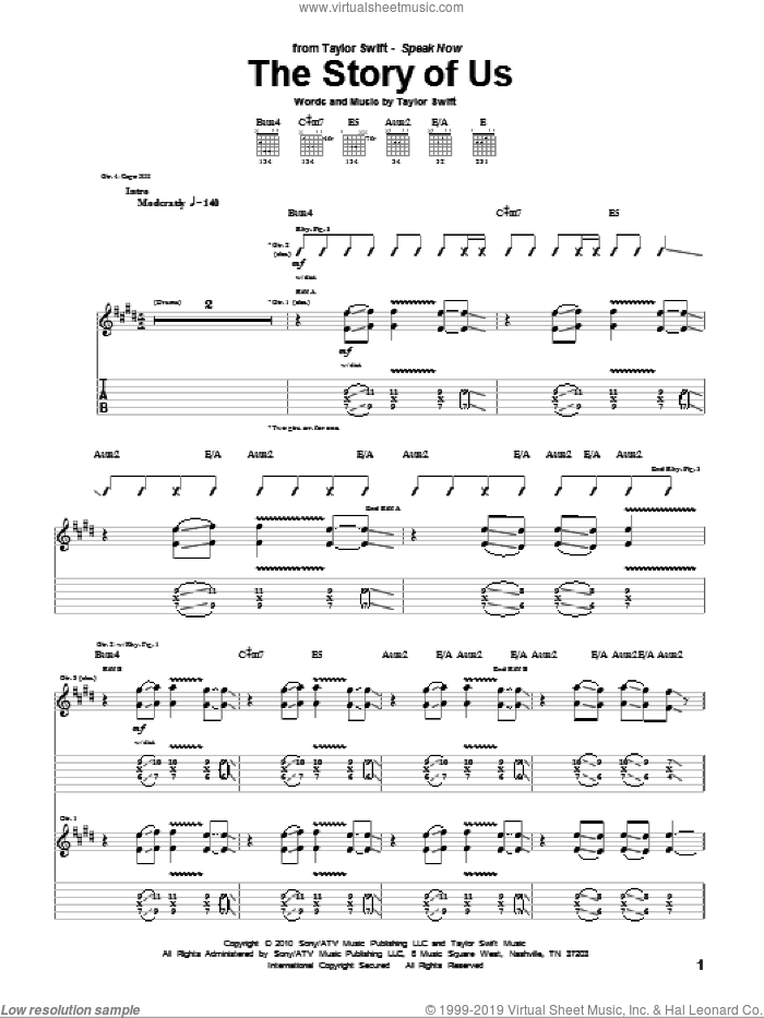 The Story Of Us sheet music for guitar (tablature) by Taylor Swift, intermediate skill level