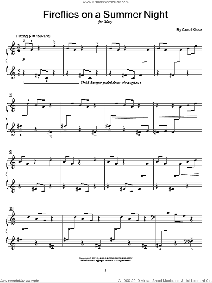 Fireflies On A Summer Night sheet music for piano solo (elementary) by Carol Klose and Miscellaneous, beginner piano (elementary)