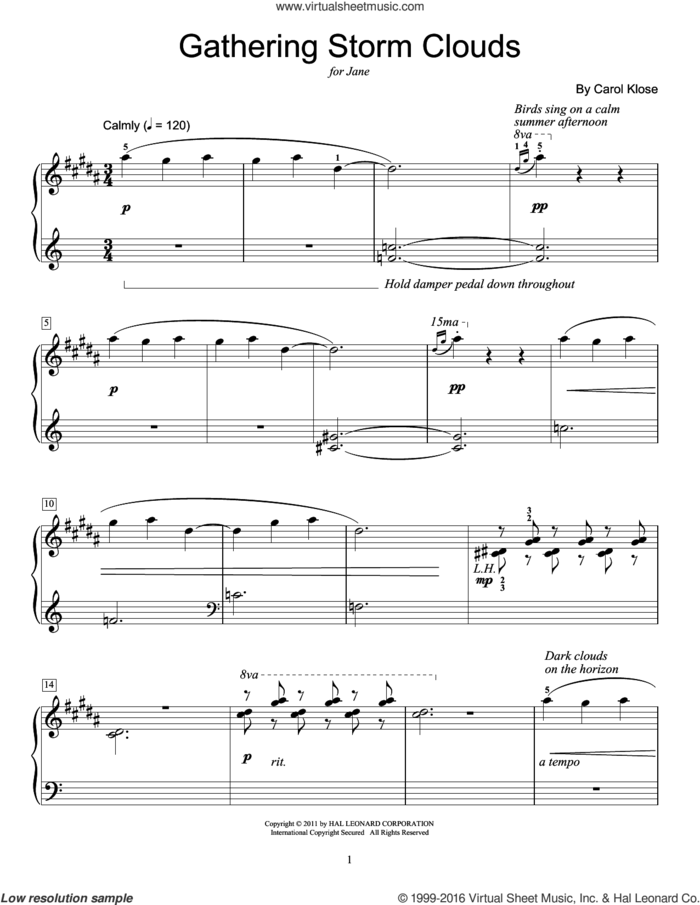 Gathering Storm Clouds sheet music for piano solo (elementary) by Carol Klose and Miscellaneous, beginner piano (elementary)