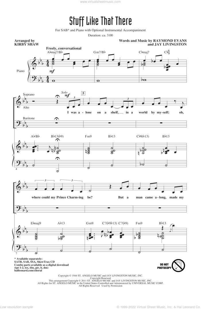 Stuff Like That There sheet music for choir (SAB: soprano, alto, bass) by Jay Livingston, Ray Evans and Kirby Shaw, intermediate skill level
