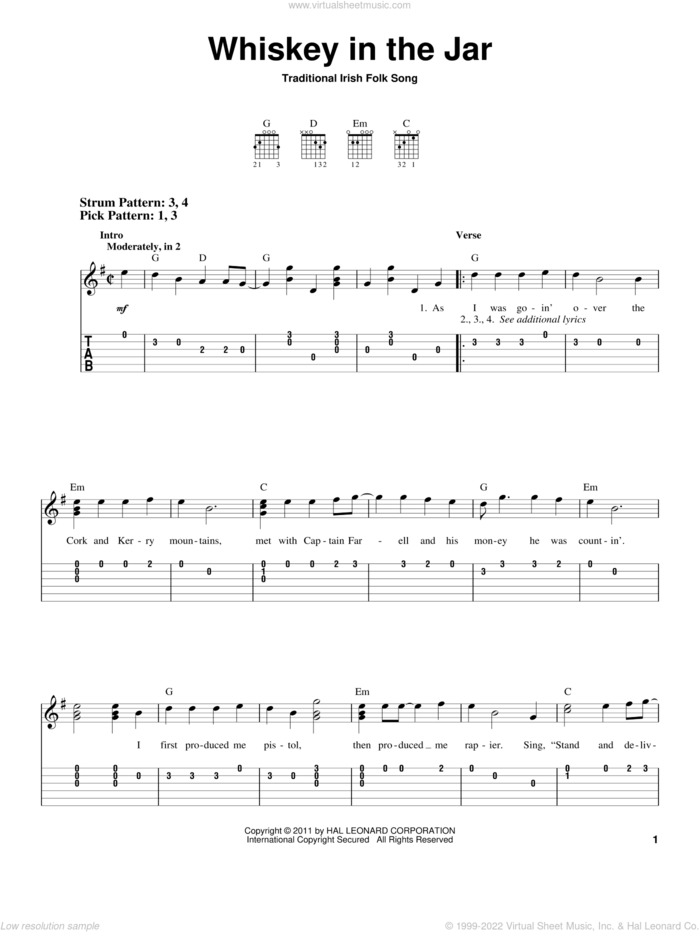 Whiskey In The Jar sheet music for guitar solo (easy tablature), easy guitar (easy tablature)