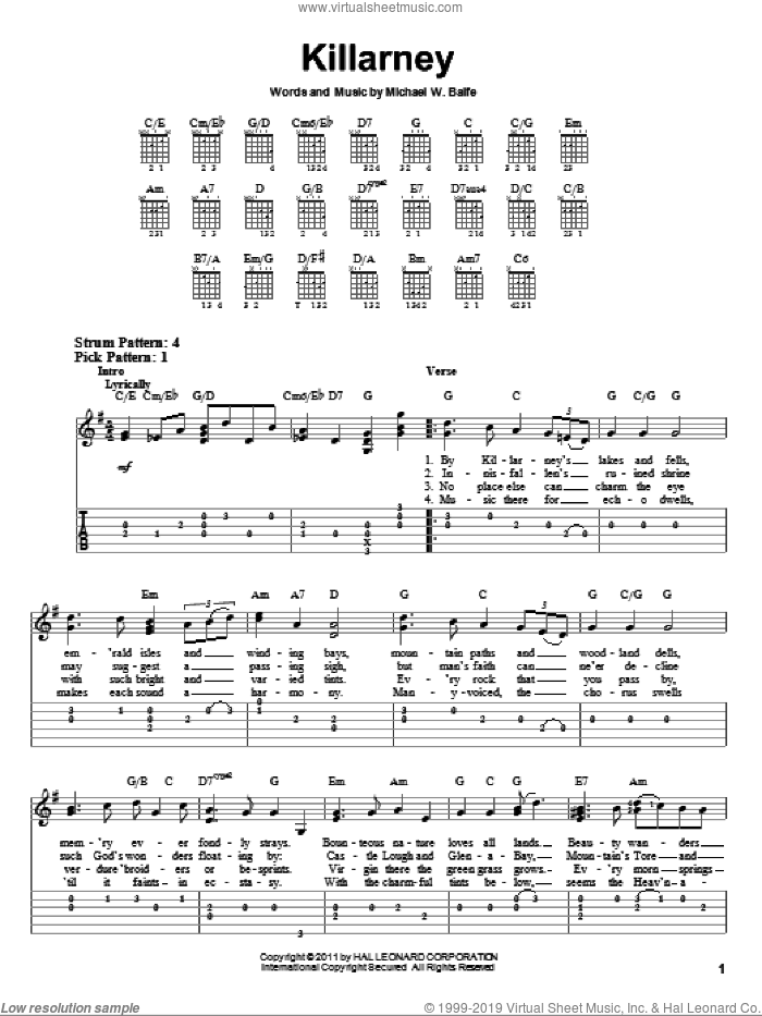 Killarney sheet music for guitar solo (easy tablature) by Michael W. Balfe, easy guitar (easy tablature)