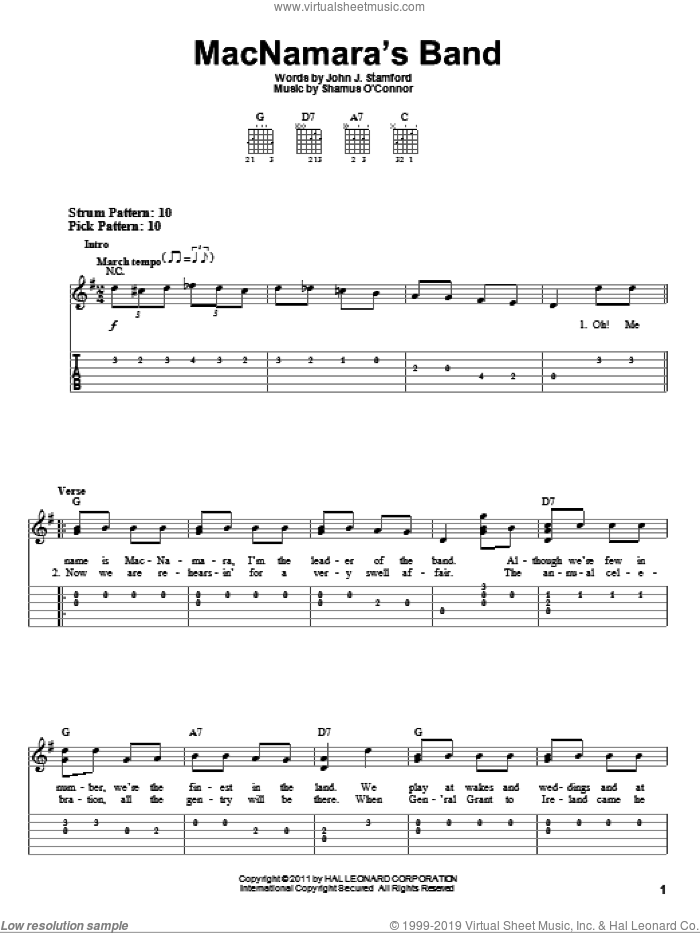MacNamara's Band sheet music for guitar solo (easy tablature) by Shamus O'Connor and John J. Stamford, easy guitar (easy tablature)