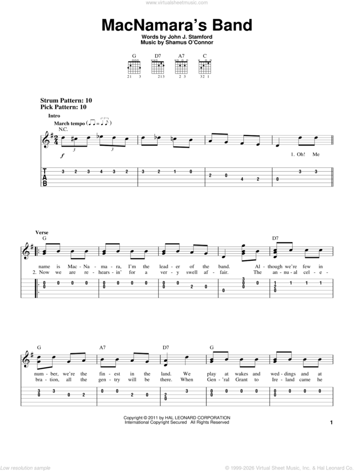 MacNamara's Band sheet music for guitar solo (easy tablature) by Shamus O'Connor and John J. Stamford, easy guitar (easy tablature)