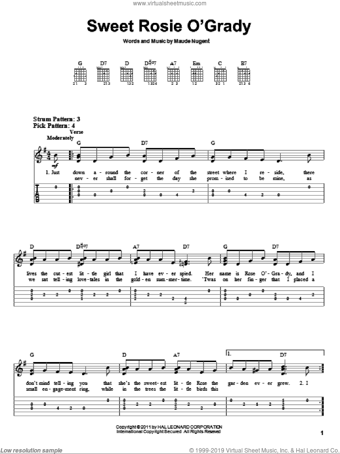Sweet Rosie O'Grady sheet music for guitar solo (easy tablature) by Maude Nugent, easy guitar (easy tablature)