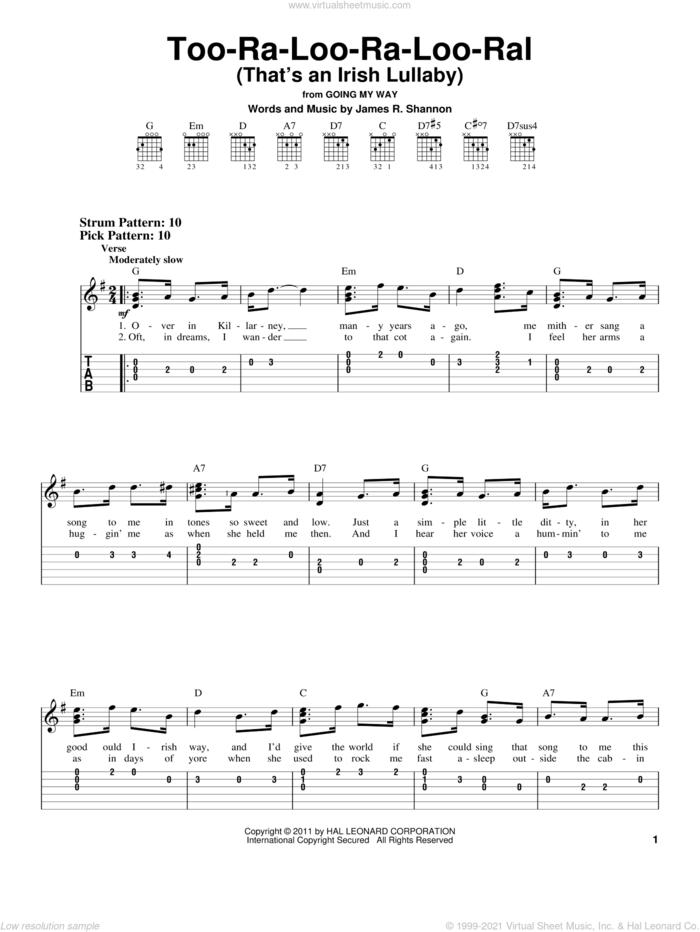 Too-Ra-Loo-Ra-Loo-Ral (That's An Irish Lullaby) sheet music for guitar solo (easy tablature) by James R. Shannon, easy guitar (easy tablature)