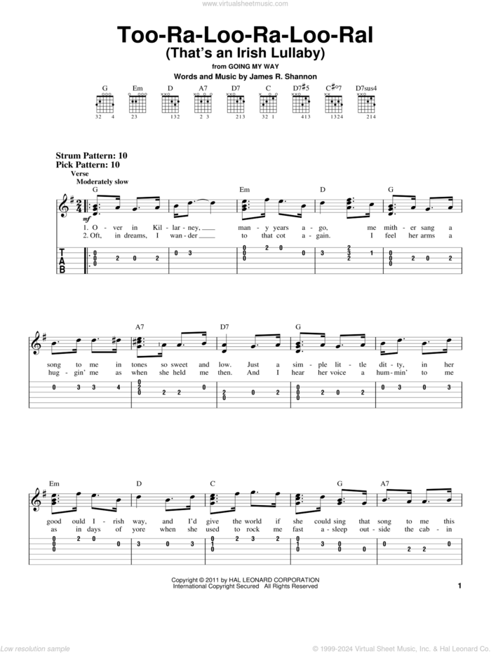 Too-Ra-Loo-Ra-Loo-Ral (That's An Irish Lullaby) sheet music for guitar solo (easy tablature) by James R. Shannon, easy guitar (easy tablature)