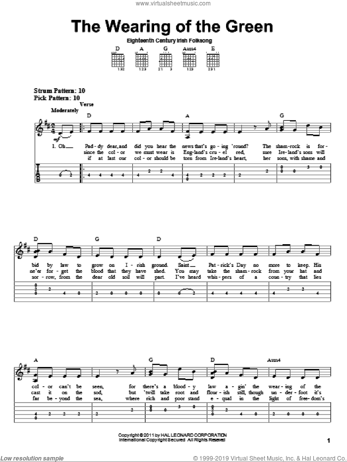 The Wearing Of The Green sheet music for guitar solo (easy tablature), easy guitar (easy tablature)