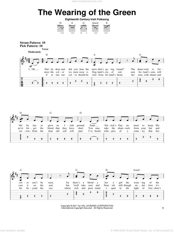 The Wearing Of The Green sheet music for guitar solo (easy tablature), easy guitar (easy tablature)