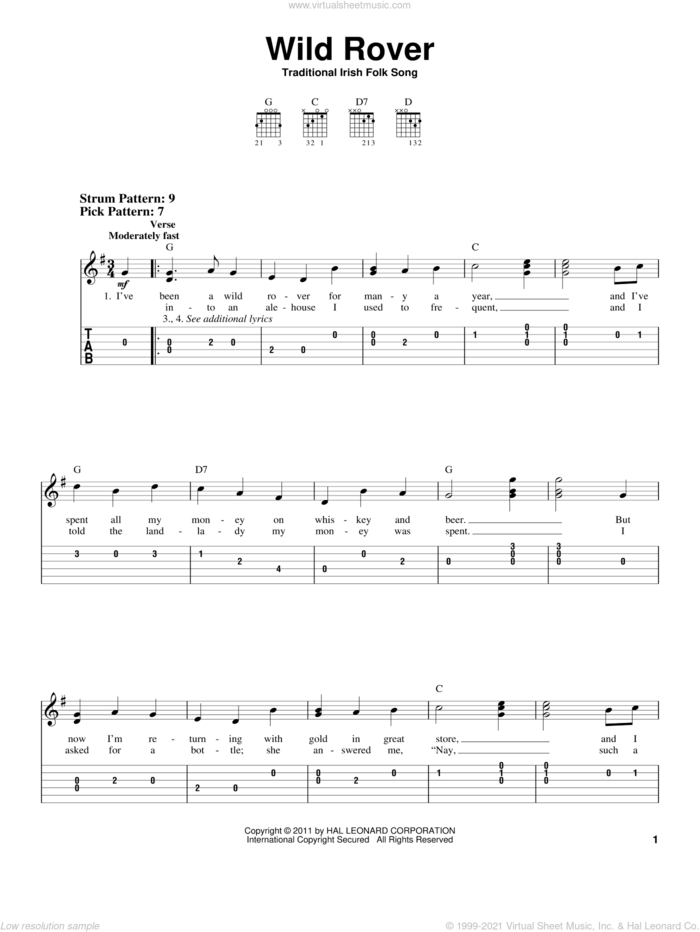 Wild Rover sheet music for guitar solo (easy tablature), easy guitar (easy tablature)