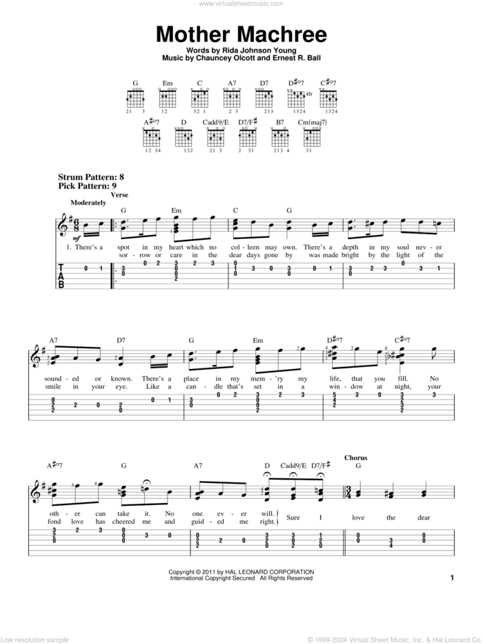 Mother Machree sheet music for guitar solo (easy tablature) by Chauncey Olcott, Ernest R. Ball and Rida Johnson Young, easy guitar (easy tablature)
