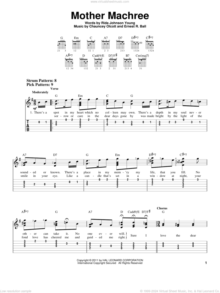 Mother Machree sheet music for guitar solo (easy tablature) by Chauncey Olcott, Ernest R. Ball and Rida Johnson Young, easy guitar (easy tablature)