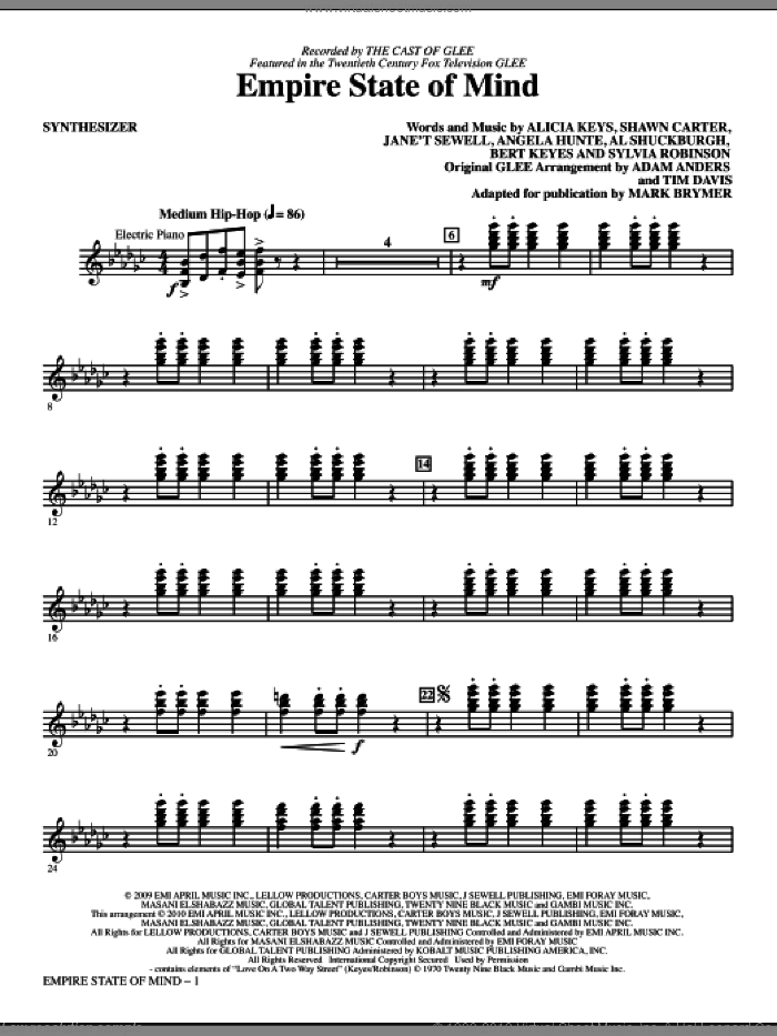 Empire State Of Mind (complete set of parts) sheet music for orchestra/band (Rhythm) by Alicia Keys, Al Shuckburgh, Angela Hunte, Bert Keyes, Shawn Carter, Sylvia Robinson, Adam Anders, Glee Cast, Jay-Z, Jay-Z featuring Alicia Keys, Mark Brymer, Miscellaneous and Tim Davis, intermediate skill level