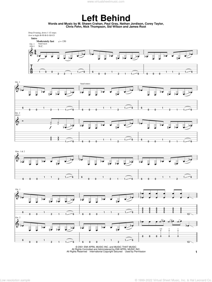 Left Behind sheet music for guitar (tablature) by Slipknot, Chris Fehn, Corey Taylor and James Root, intermediate skill level