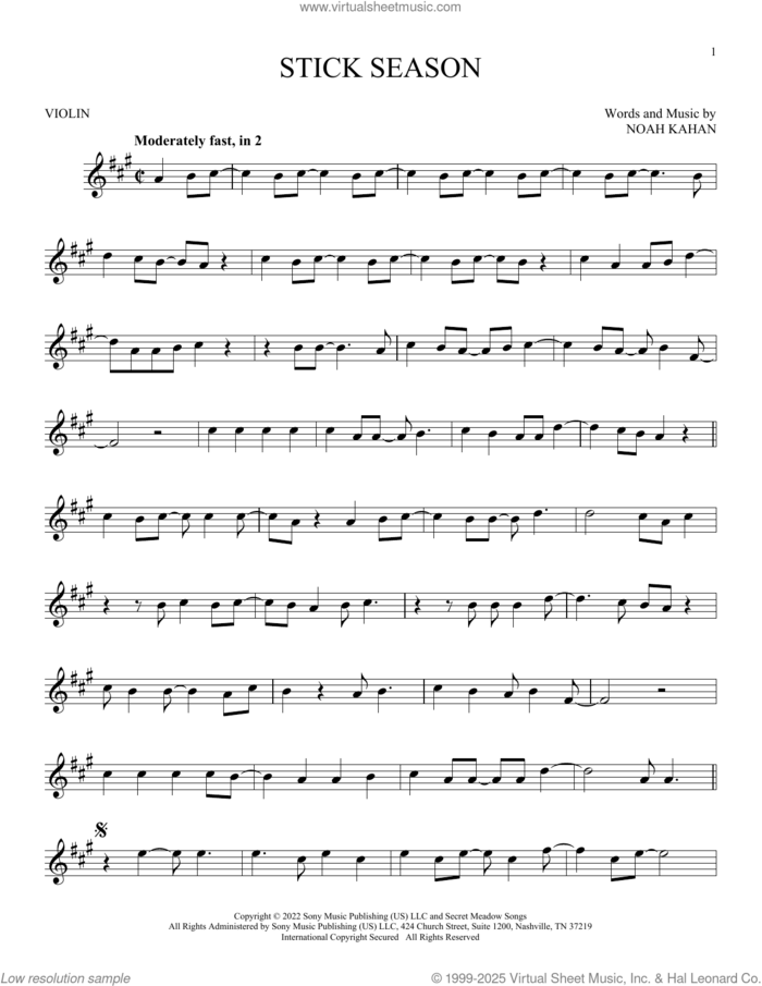 Stick Season sheet music for violin solo by Noah Kahan, intermediate skill level