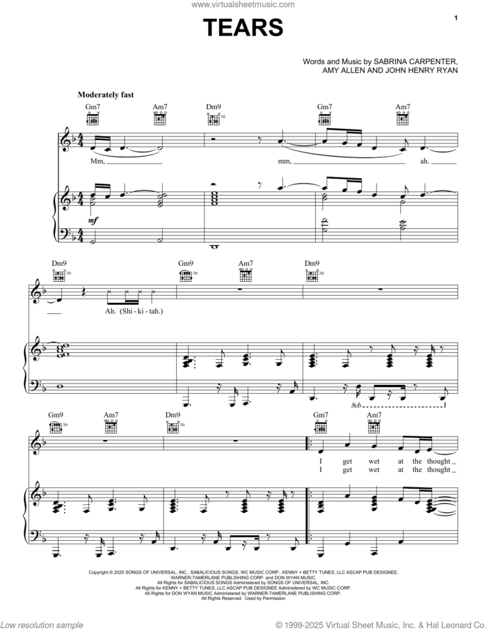 Tears sheet music for voice, piano or guitar by Sabrina Carpenter, Amy Allen and John Henry Ryan, intermediate skill level